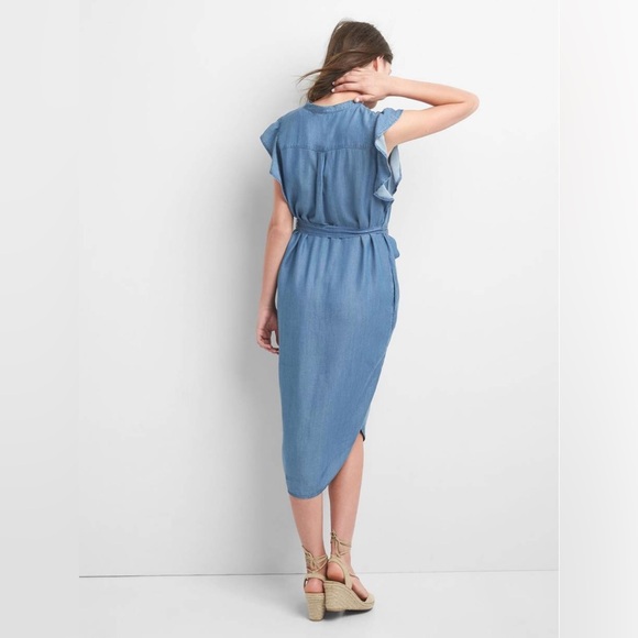 EUC Gap Flutter Sleeve Chambray Tencel Midi Shirt Dress - Med Indigo - Size XS - Picture 2 of 14